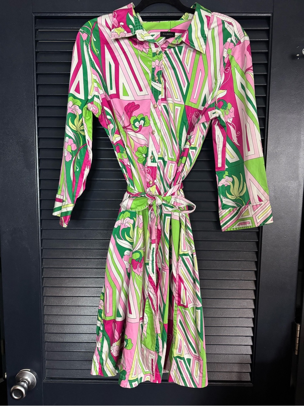Talbots Pink Green Geometric Floral Belted Shirtdress Size 16